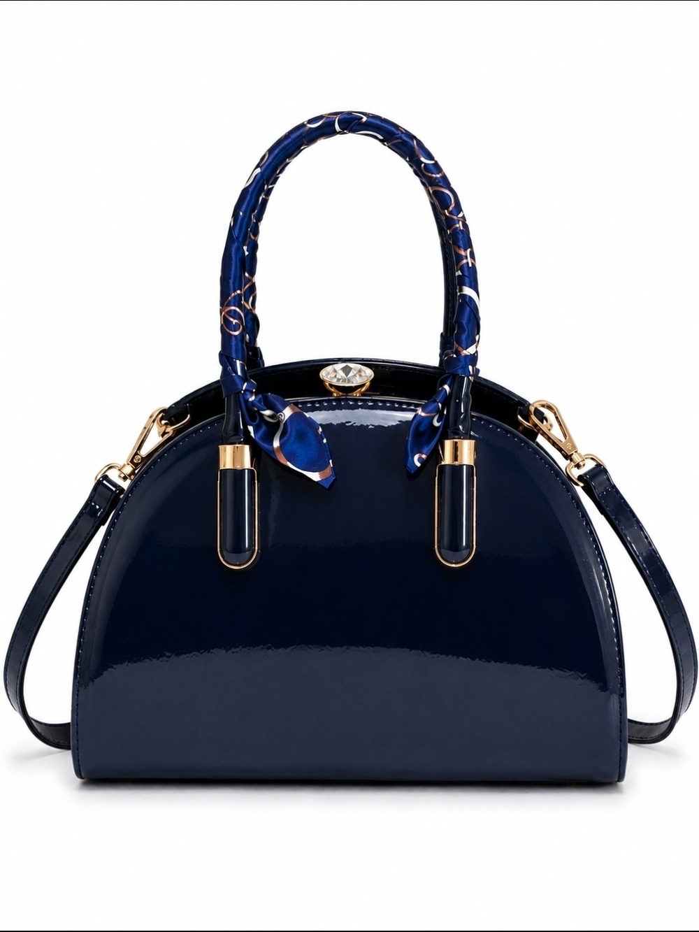 La Terre Navy Blue Patent Satchel Bag Gold Hardware Rhinestone Accent Purse
